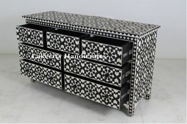 bone inlay moroccan chest of 7 drawers black side view