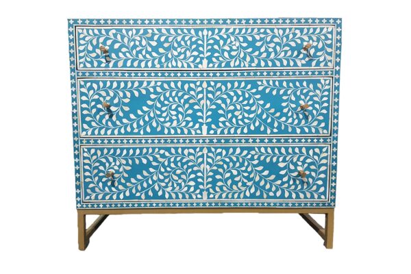 Bone Inlay Scroll vine Design 3 Drawers Chest Teal Green Front view
