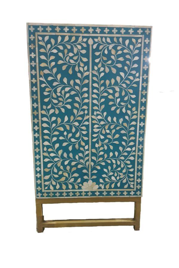 Bone Inlay Scroll vine Design 3 Drawers Chest Teal Green Side view