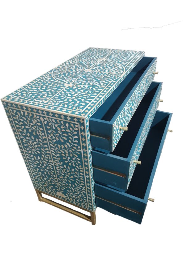 Bone Inlay Scroll vine Design 3 Drawers Chest Teal Green side open drawers